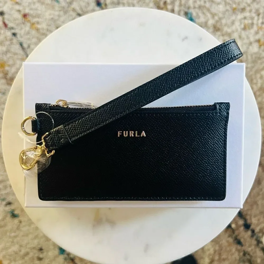 FURLA Classic Credit‎ Card Case Leather Wallet Wristlet, Black, Wrist Strap, NWT